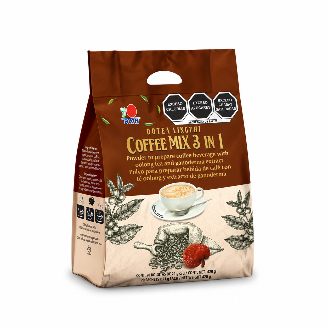 DXN Ootea Lingzhi Coffee Mix 3 in 1(Polvo para preparar bebida de café con té Oolong y extracto de Ganoderma)