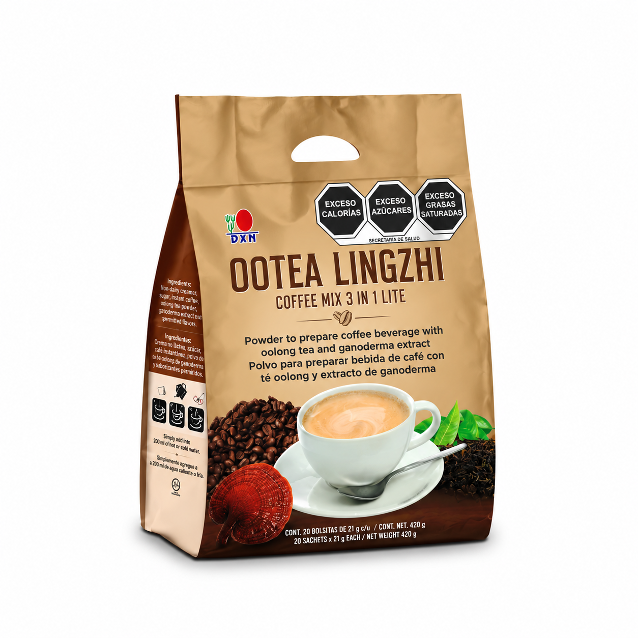 DXN Ootea Lingzhi Coffee Mix 3 in 1 Lite(Polvo para preparar bebida de café con té Oolong y extracto de Ganoderma)